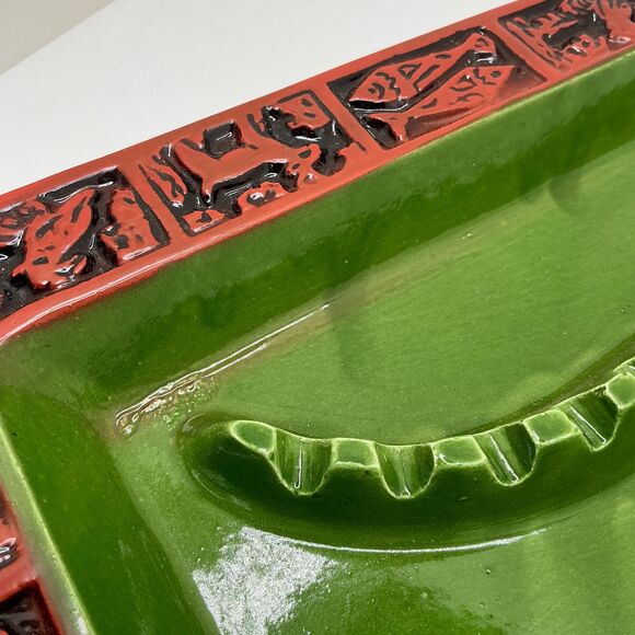 Vintage ceramic green & brick red rectangle ashtray | mid-century | man cave - Picture 5 of 8